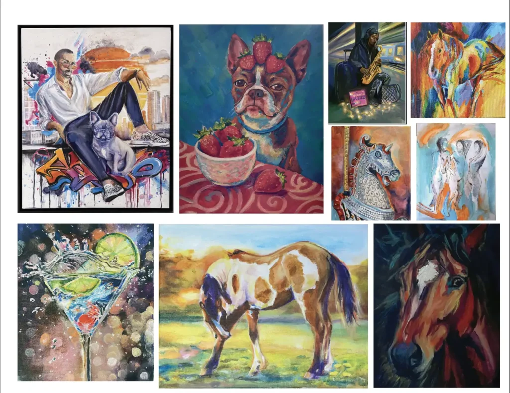 Collection of acrylic paintings by Liza Dzines including pet portraits, horses, and expressive contemporary artwork in a bold, painterly style.
