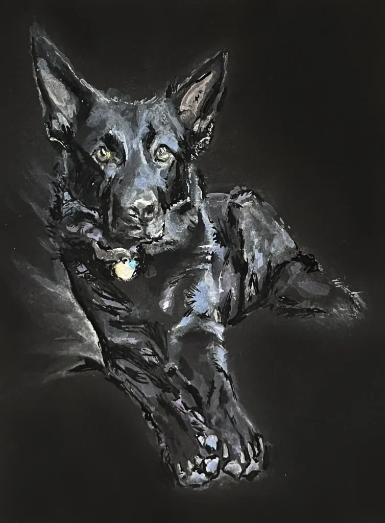 Custom painted portrait of a black German Shepherd, using expressive brushwork and light to capture presence, personality, and a calm, grounded moment