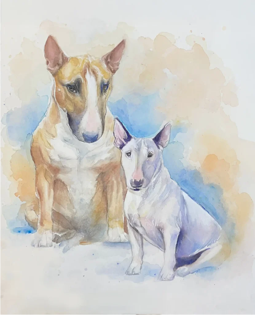 Watercolor portrait of two Bull Terriers created as a custom commission, capturing their distinct features, personality, and bond in a soft atmospheric style