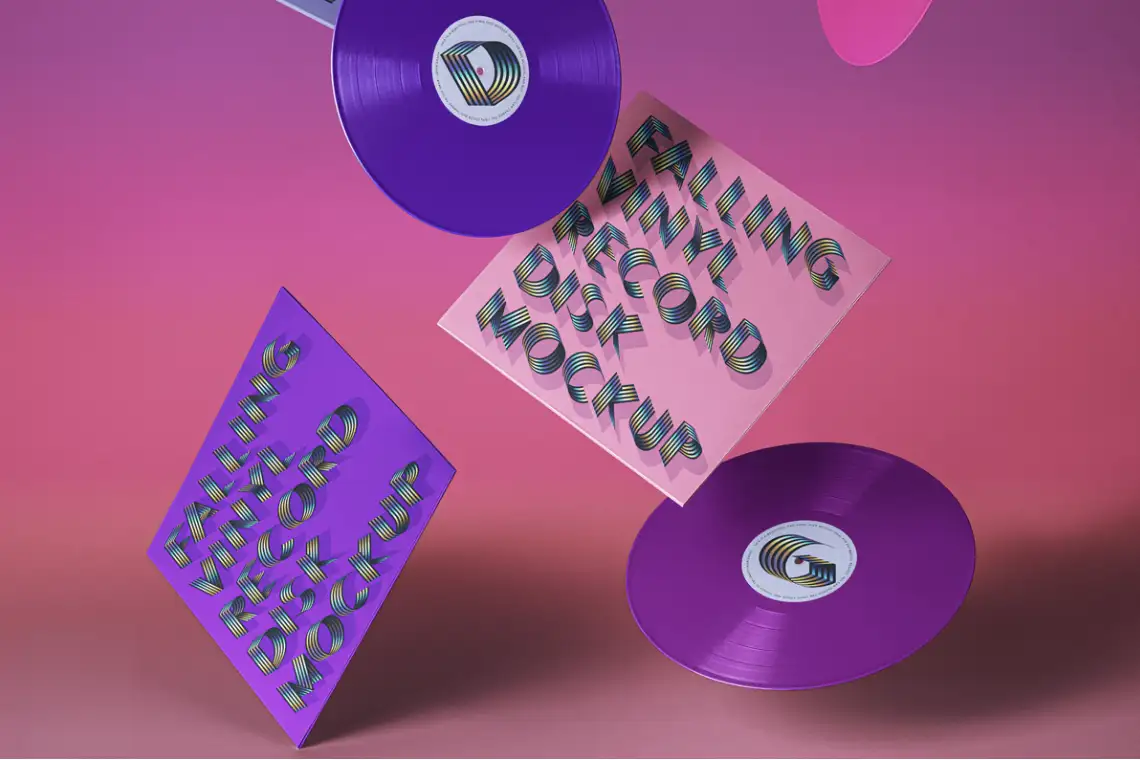Album cover and vinyl record mockup featuring bold typography and colorful commercial illustration design