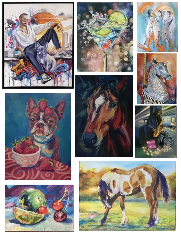 Acrylic painting collage featuring expressive portraits, horses, companion animals, and still life work by Liza Dzines, showcasing bold color, movement, and painterly texture.