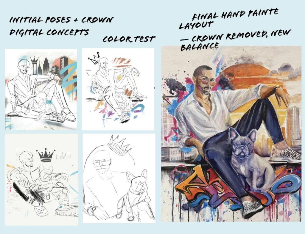 acrylic portrait process by liza dzines for a birthday gift commission featuring a givenchy and miami vice inspired portrait with a french bulldog in bold vibrant color
