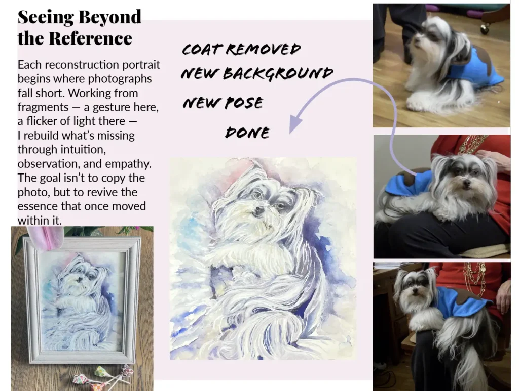watercolor pet portrait reconstruction by liza dzines showing multiple reference photos and final painted dog portrait with enhanced pose background and expression