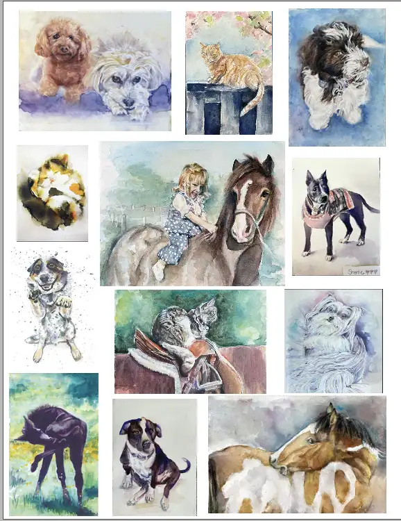 Custom watercolor pet portraits and horse paintings by Liza Dzines, featuring dogs, cats, and equine subjects in expressive fine art compositions.