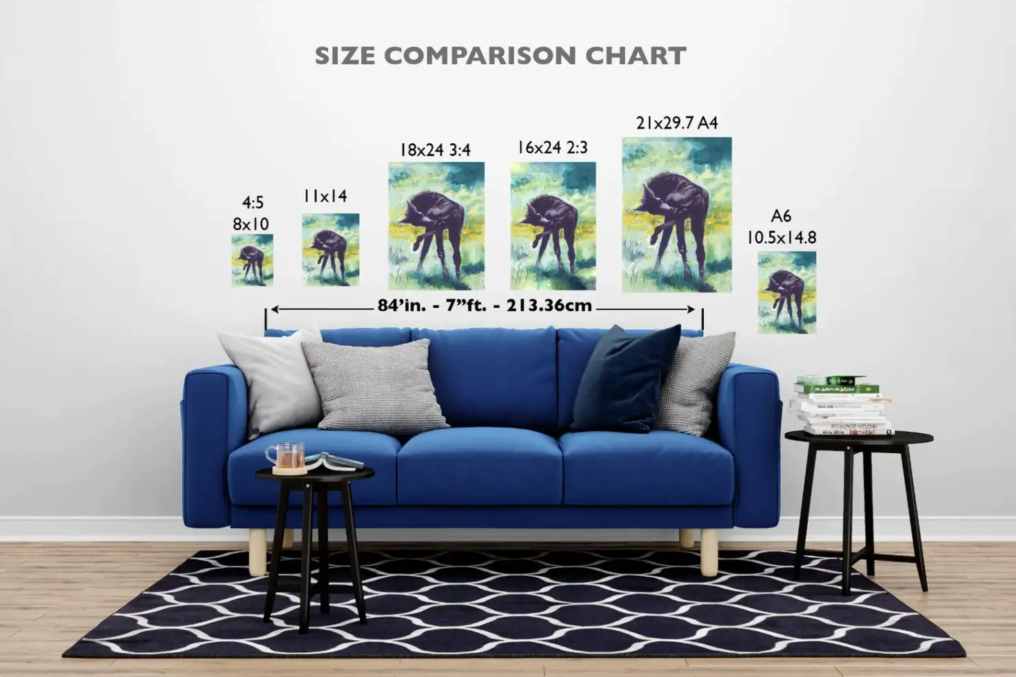 Art print size comparison chart showing 8x10, 11x14, 16x24, 18x24, and A4 vertical print sizes displayed above a standard sofa for scale.