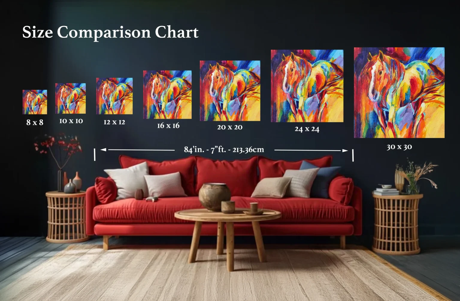 Desert Radiance horse artwork print size comparison chart showing 8x8, 10x10, 12x12, 16x16, 20x20, 24x24, and 30x30 square print sizes displayed above a sofa for scale.