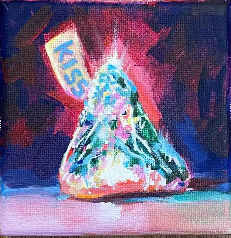 Vibrant acrylic still life painting of a Hershey’s Kiss candy wrapper with expressive brushwork and bold pink, blue, and purple colors by Liza Dzines.