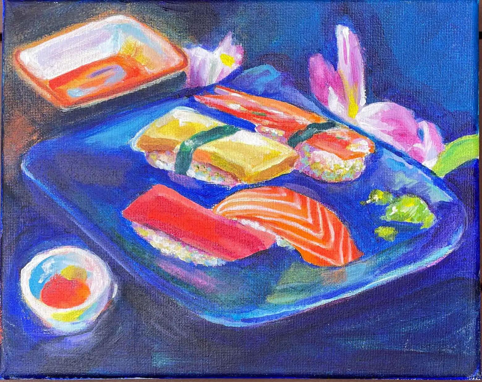 Colorful acrylic still life painting of assorted sushi on a blue platter with wasabi, soy sauce, and floral accents, rendered in vibrant expressive colors by Liza Dzines.