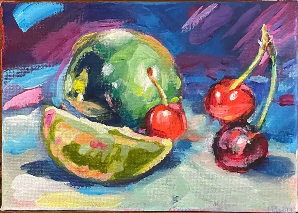 Vibrant acrylic still life painting featuring cherries and a sliced lime with bold color contrasts and expressive brushwork by Liza Dzines.