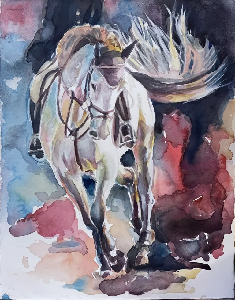 Expressive colorful watercolor dressage horse and rider, dynamic equestrian artwork