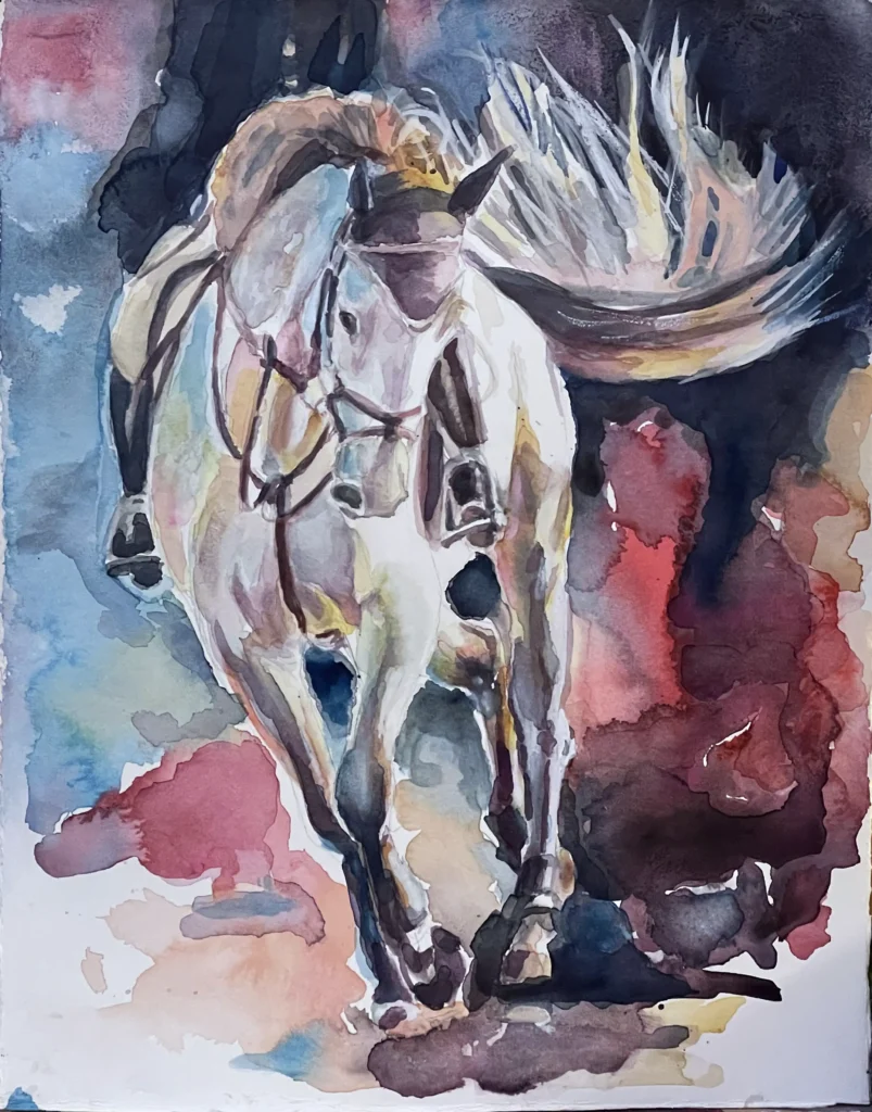 Expressive colorful watercolor dressage horse and rider, dynamic equestrian artwork
