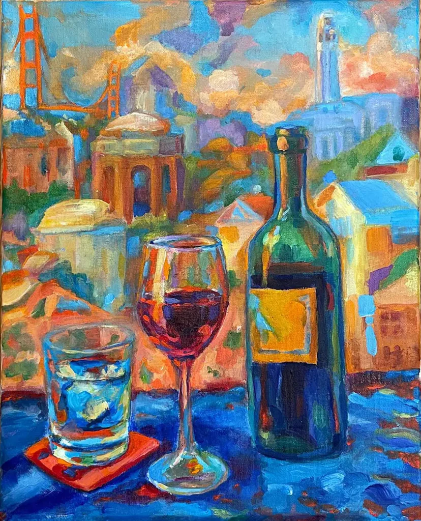 Colorful impressionist painting inspired by North Beach Pizza on Shattuck Avenue featuring wine, San Francisco landmarks, and expressive California still life imagery by Liza Dzines.